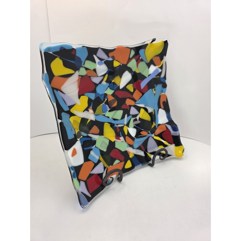 Hand Blown Art Glass Decorative Tray Confetti Mosaic Fused Glass Square Dish 11"